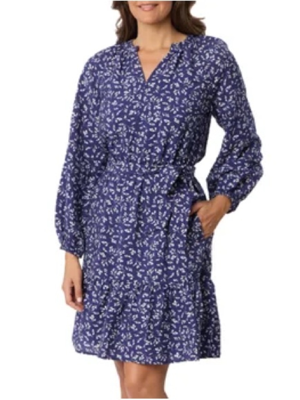 Draper James Blue Floral Long Sleeve Tie-Waist Dress